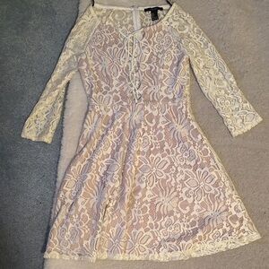 Forever 21 Cream Lace Long Sleeve Fit & Flare Dress